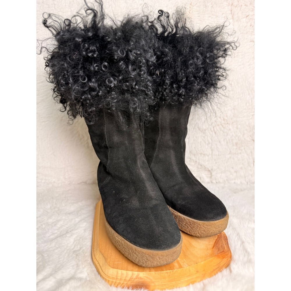 Michael Kors Vintage Black Suede Mongolian Fur Crepe Platform Boots Size 7-7.5